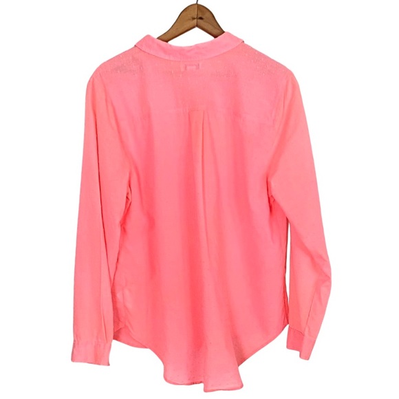 Old Navy Pink Neon Swiss Dot Popover Top Long Sleeve Semi Sheer Button Blouse L - Picture 12 of 16